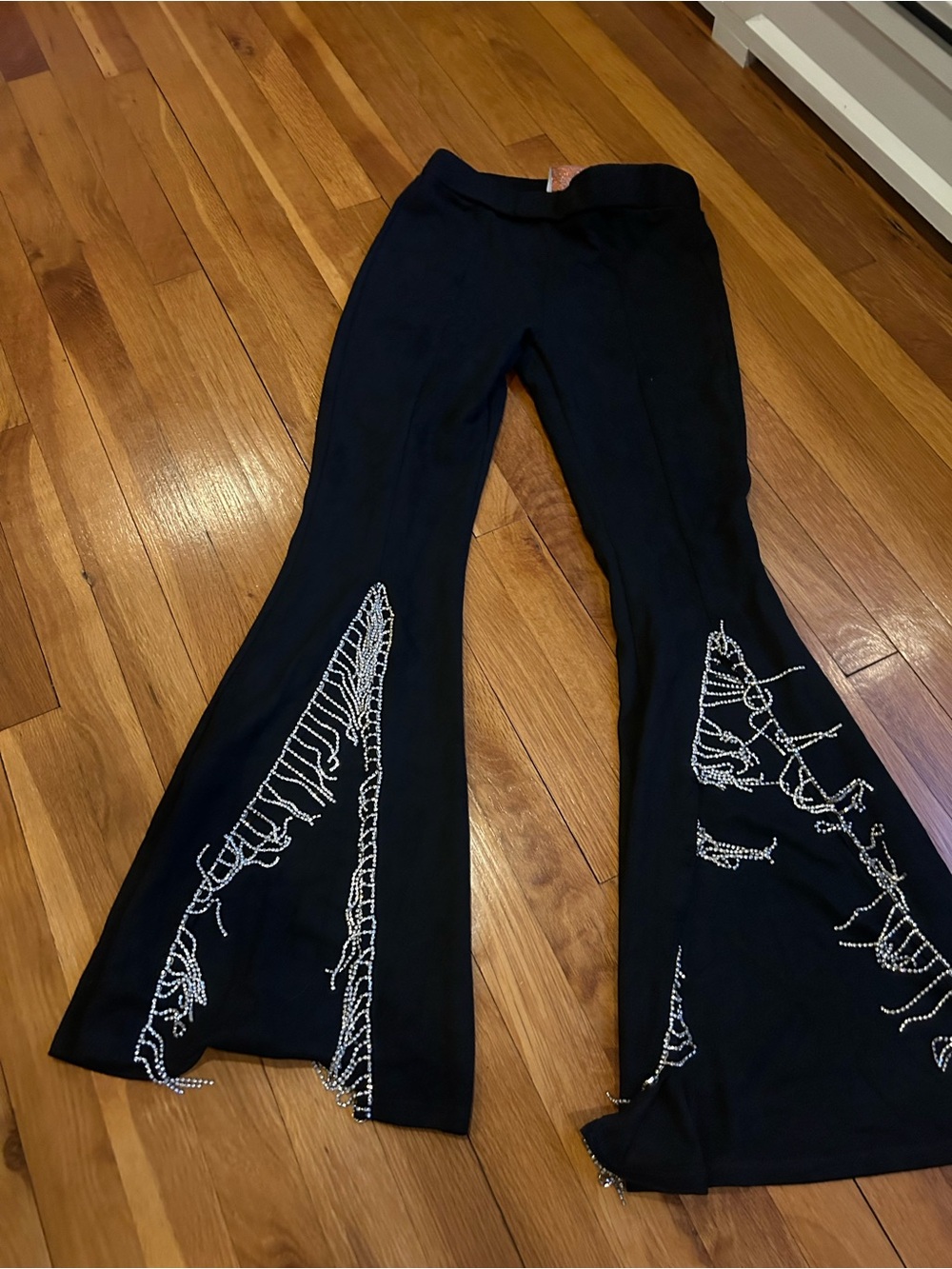 Black Flared Pants with Silver rhinestone  fringe